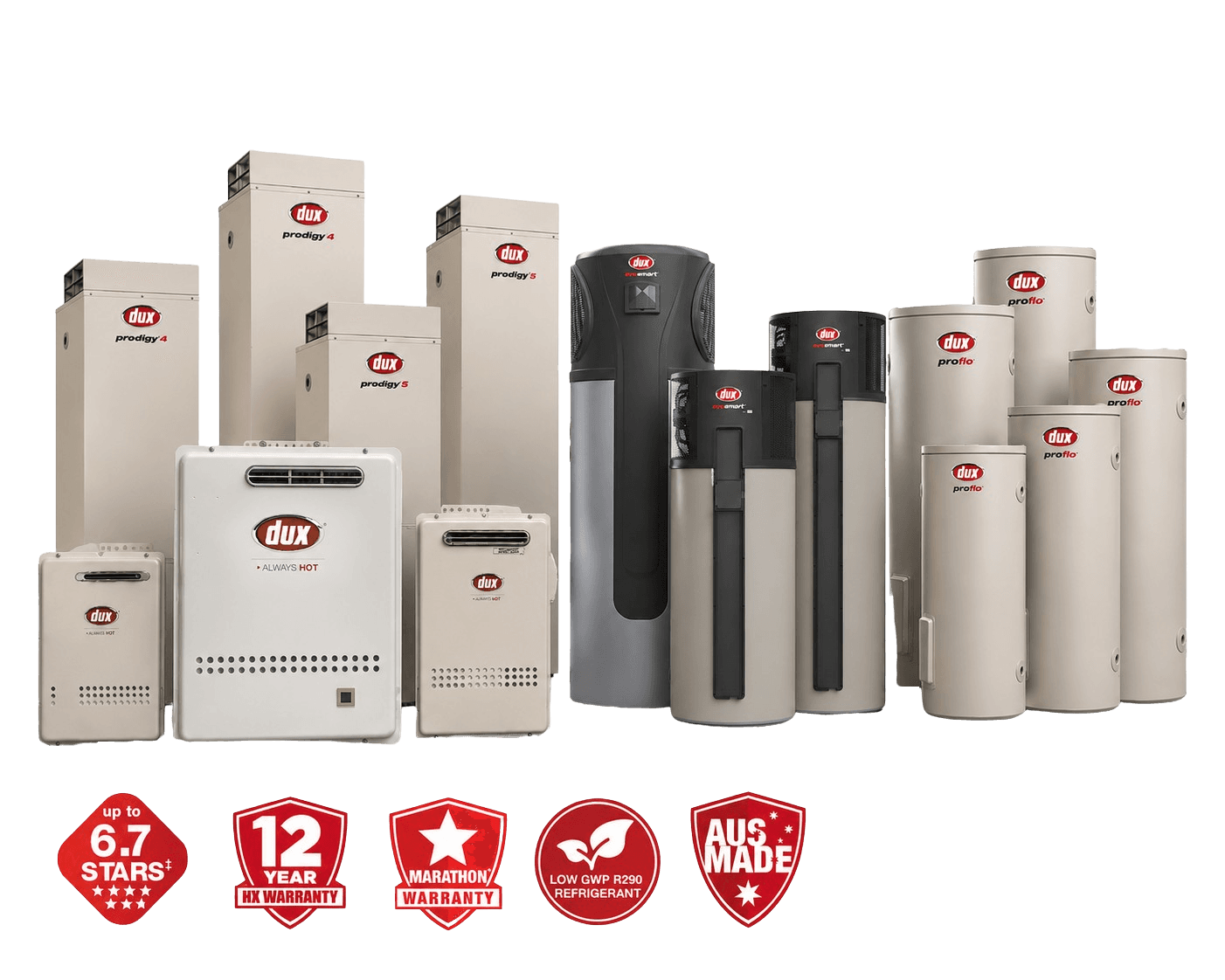 Dux complete hot-water family — heat pump, electric storage, gas storage, gas continuous flow, and commercial systems